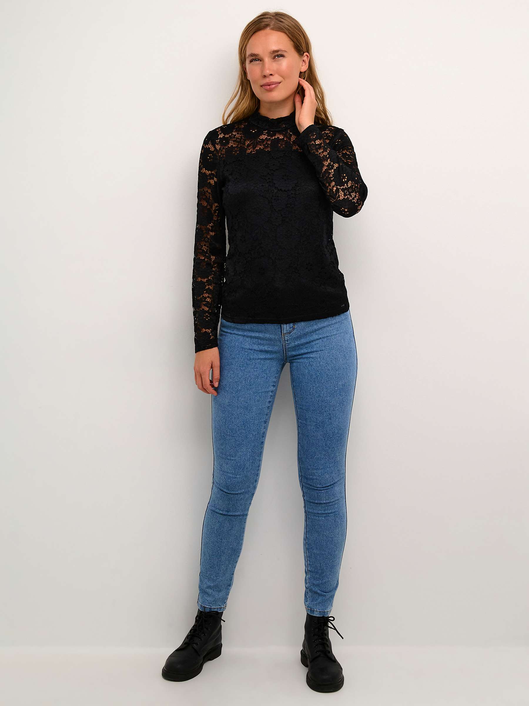Buy KAFFE Elga Lace Long Sleeve Top, Black Online at johnlewis.com
