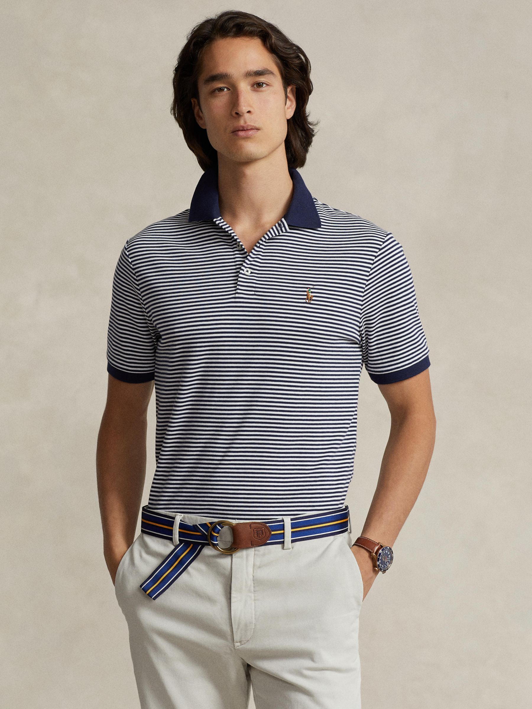 Polo Ralph Lauren Short Sleeve Striped Polo Shirt, Refined Navy/White ...