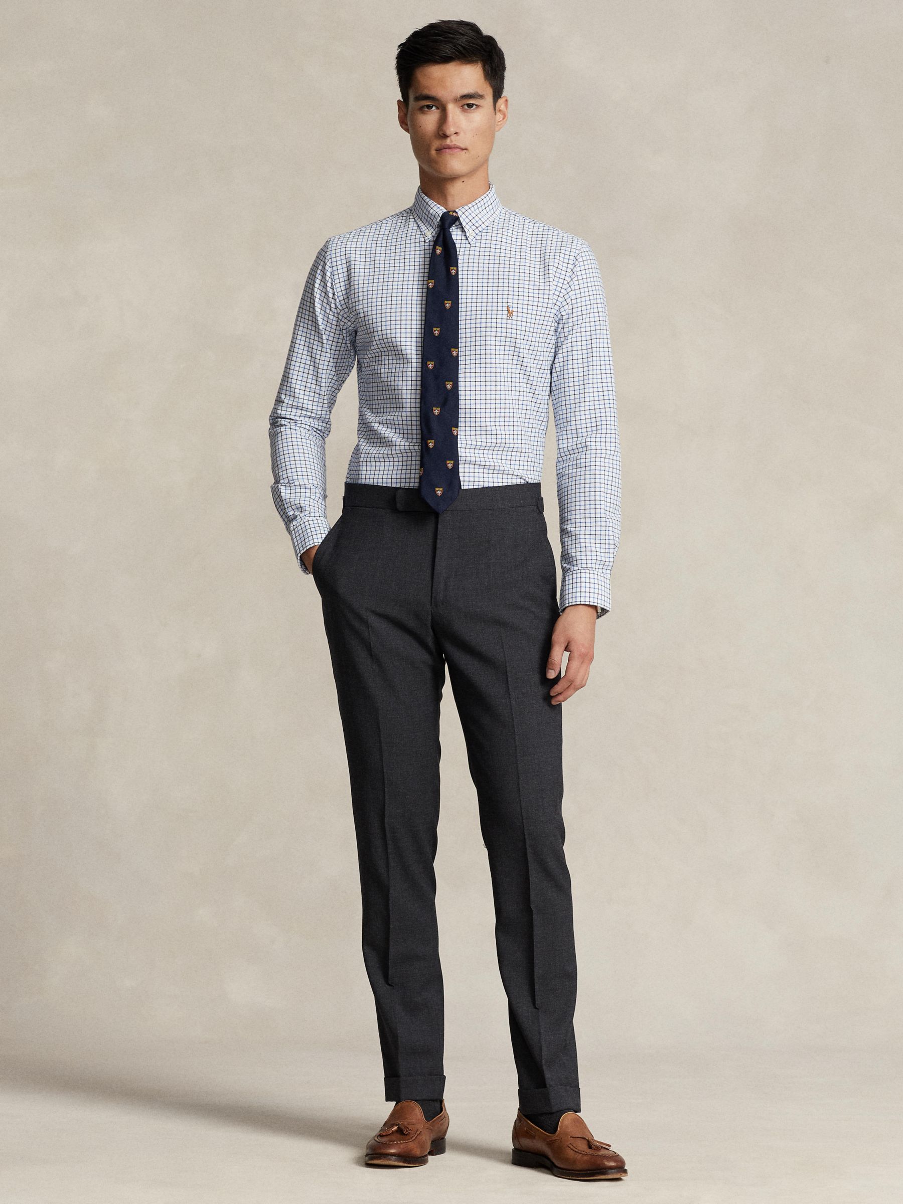 Ralph Lauren Tailored Fit Tattersall Oxford Check Shirt, White/Blue, XL
