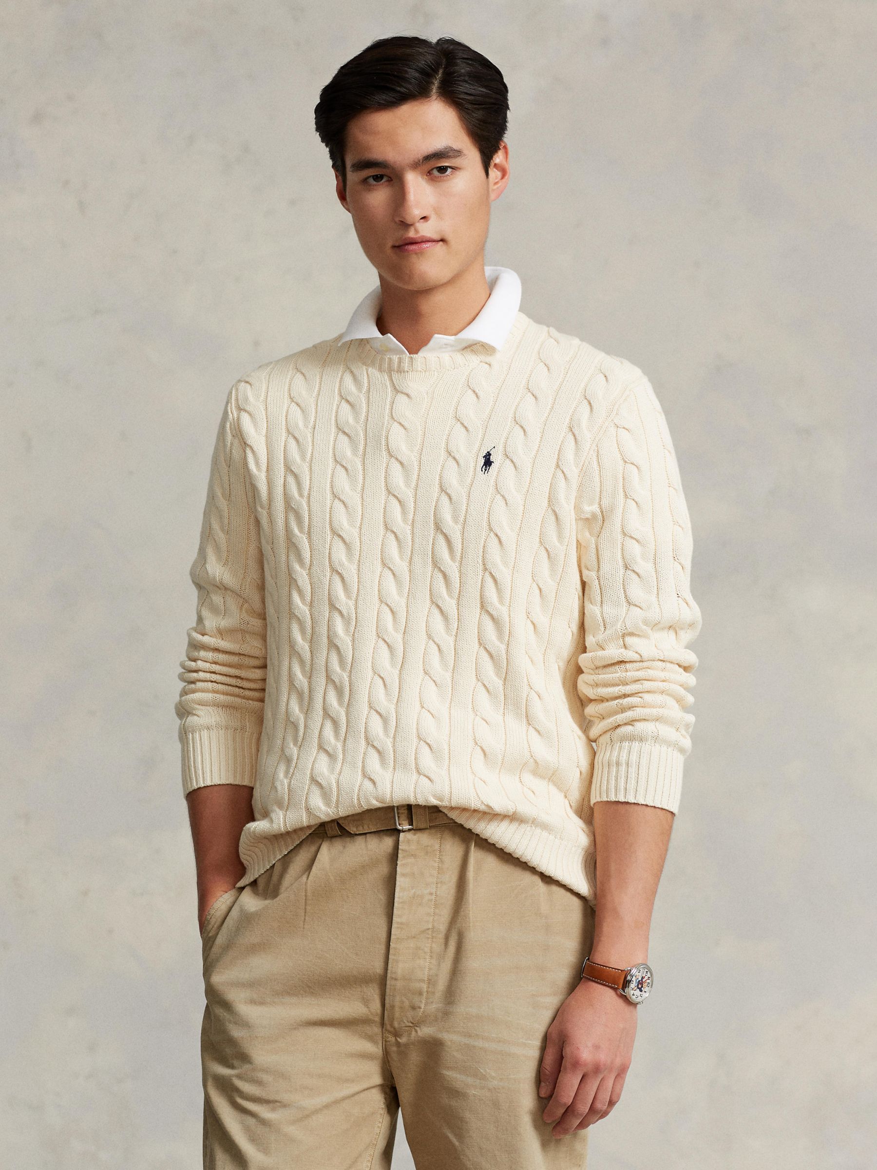 Polo Ralph Lauren Long Sleeve Cable Knit Jumper, Andover Cream at John ...