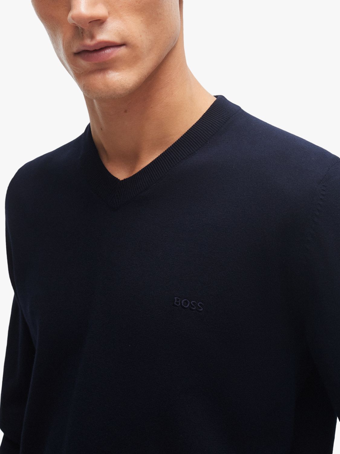 BOSS Pacello Cotton V-Neck Jumper, Navy at John Lewis & Partners