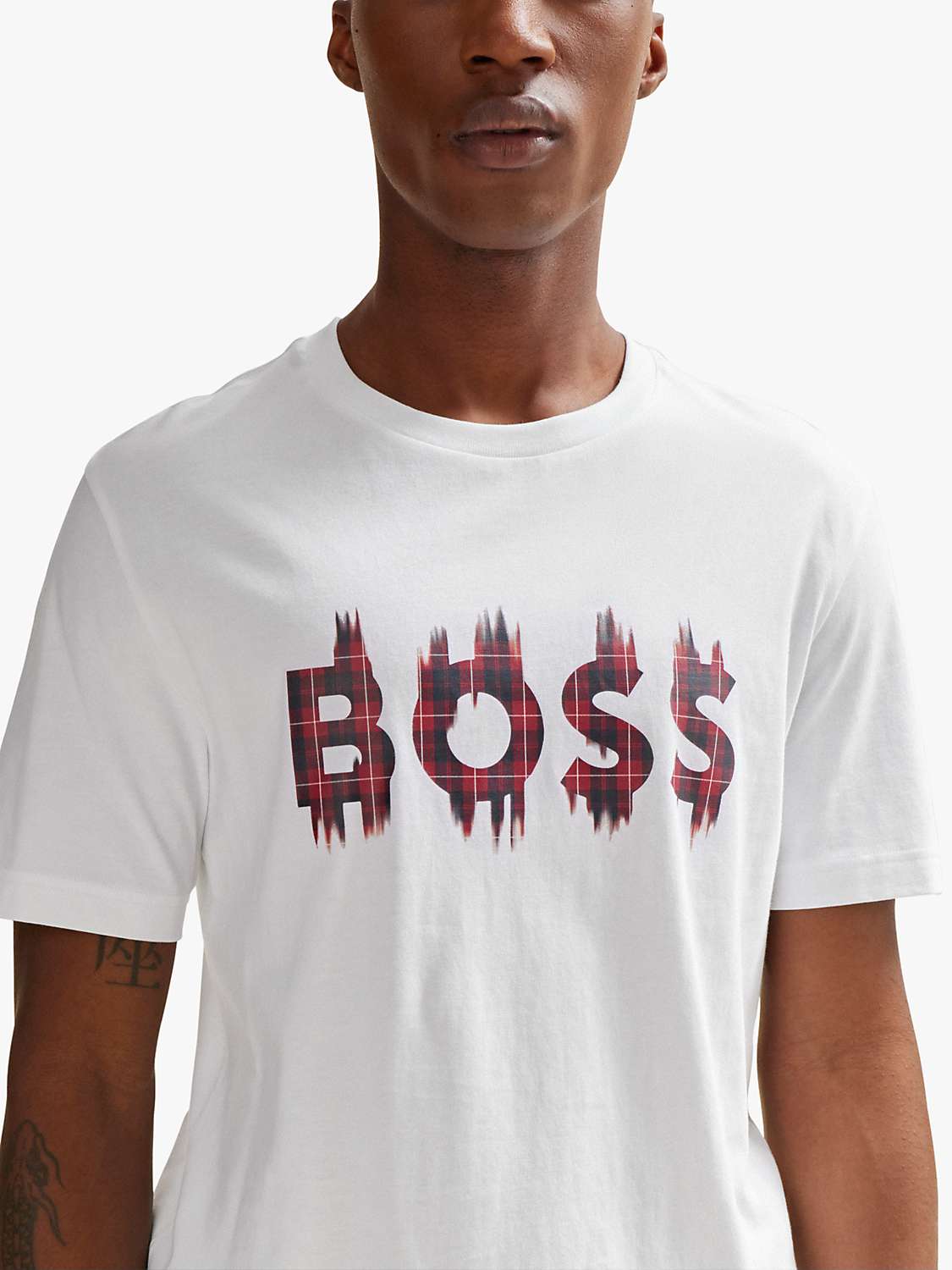 Buy BOSS Tartan Logo Cotton T-Shirt, White/Mutli Online at johnlewis.com
