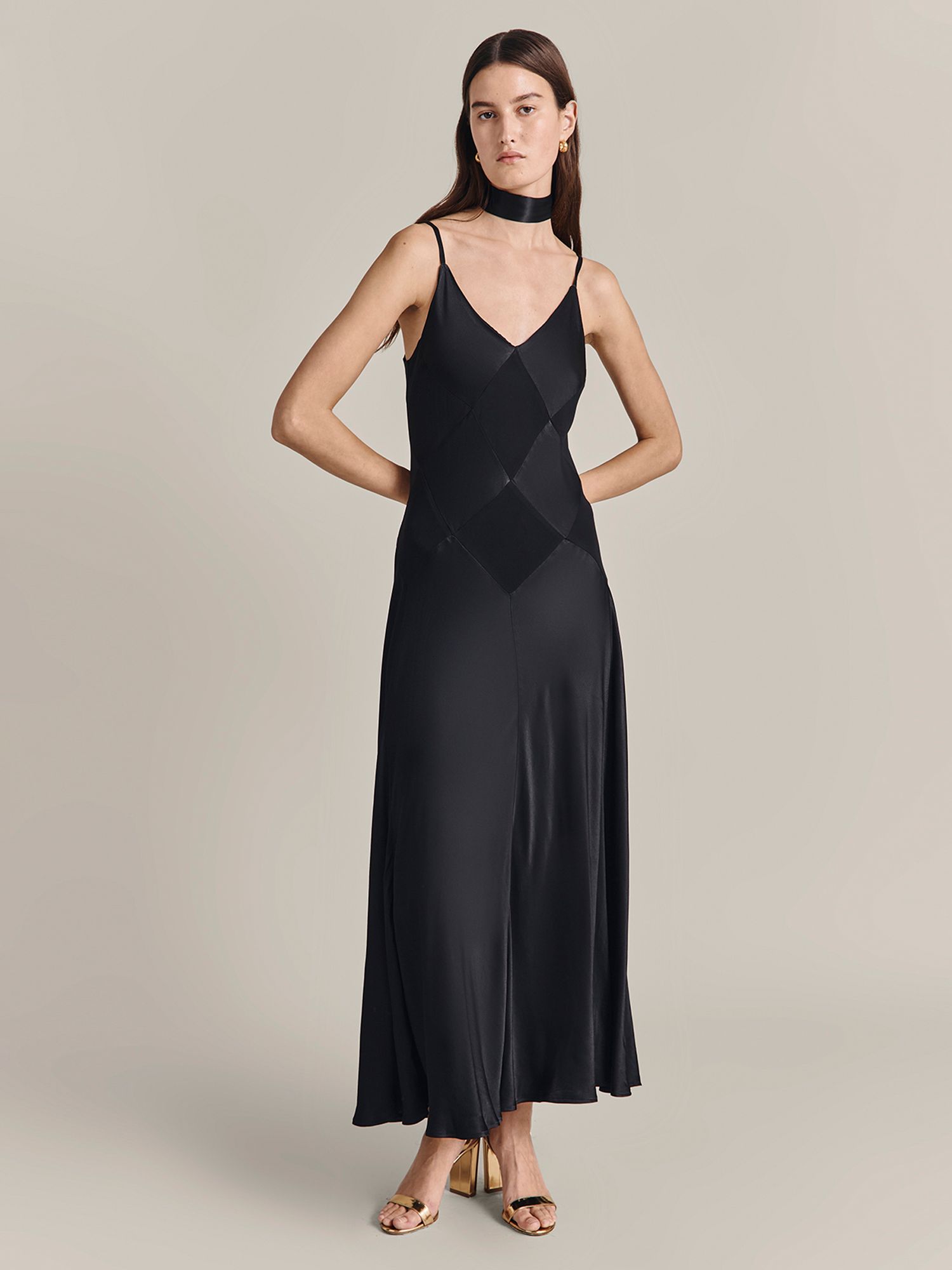 Ghost Nina Satin Maxi Dress, Black at John Lewis & Partners