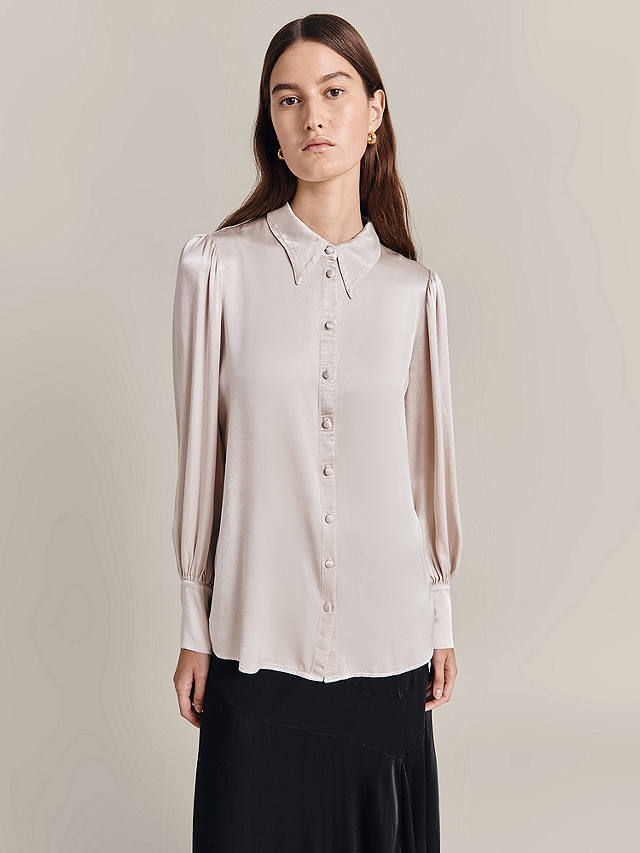 Ghost Alice Pointed Collar Satin Shirt, Beige at John Lewis & Partners