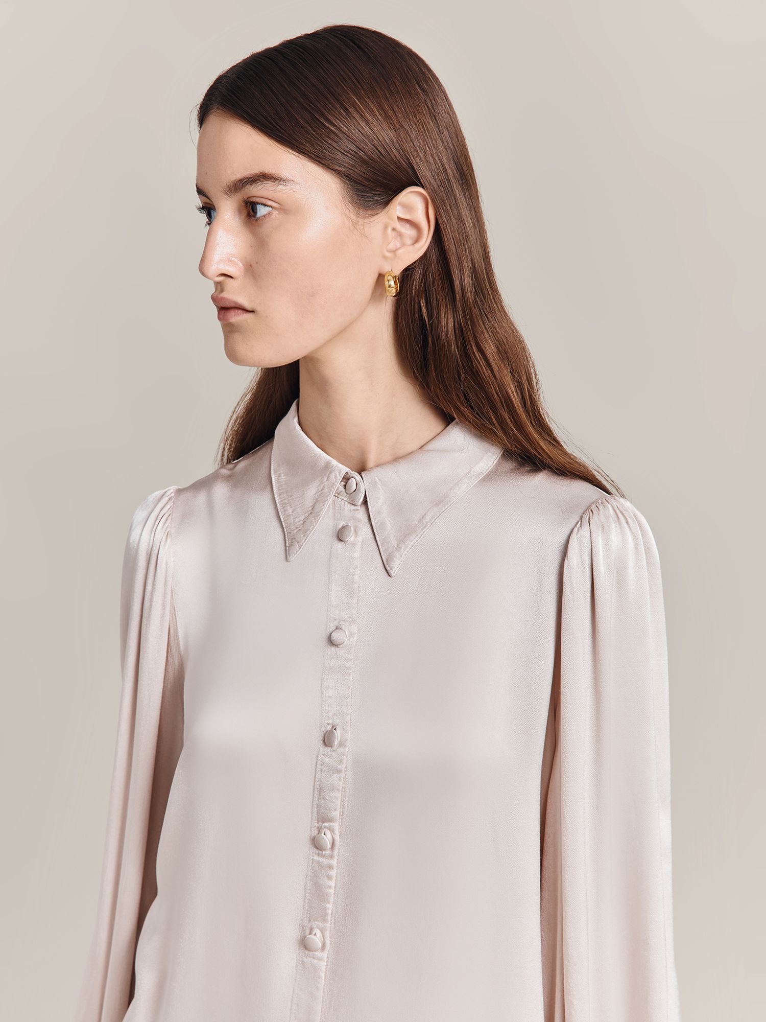 Ghost Alice Pointed Collar Satin Shirt, Beige at John Lewis & Partners