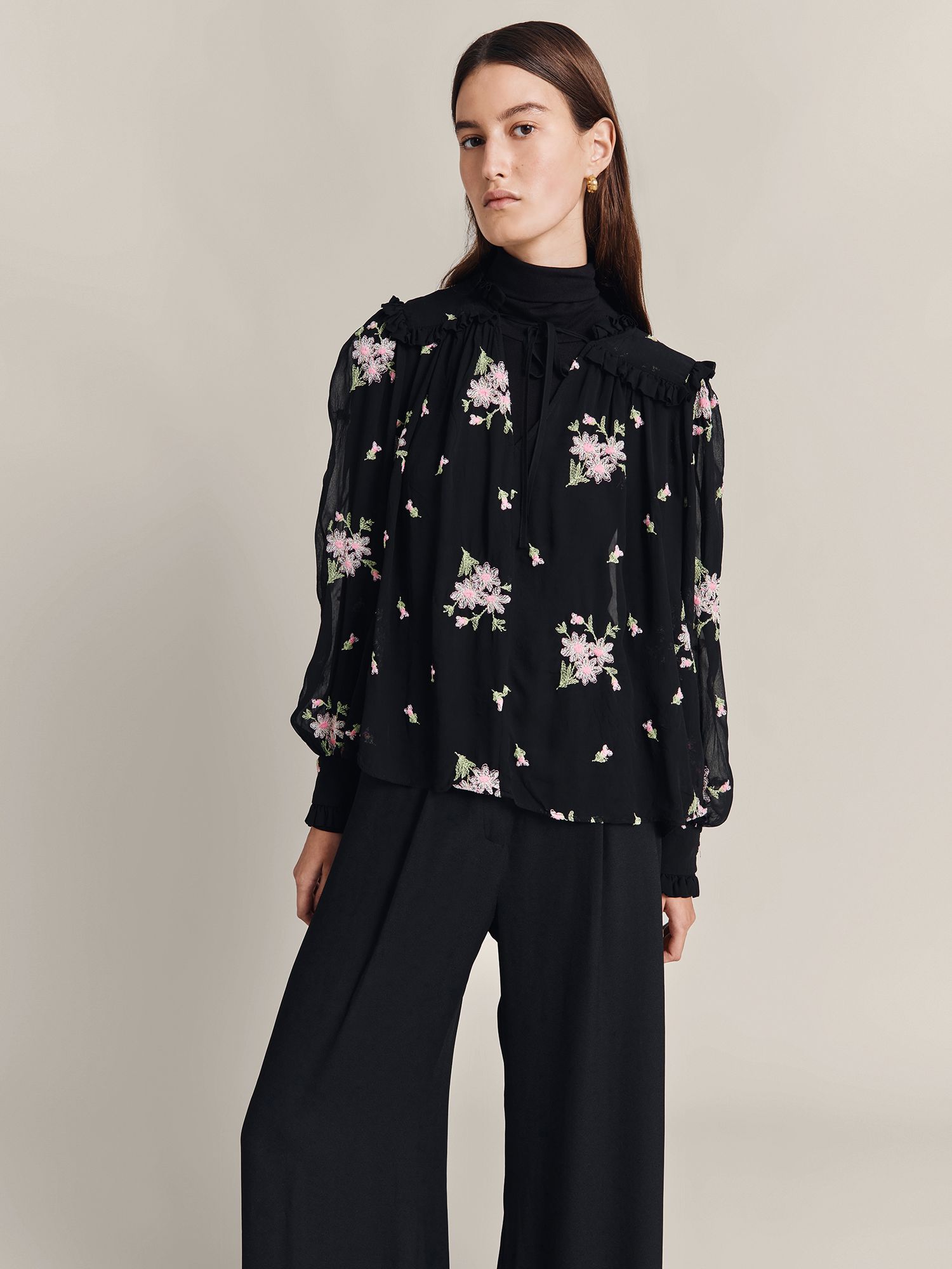 Ghost Josie Embroidered Blouse, Black Poppy at John Lewis & Partners