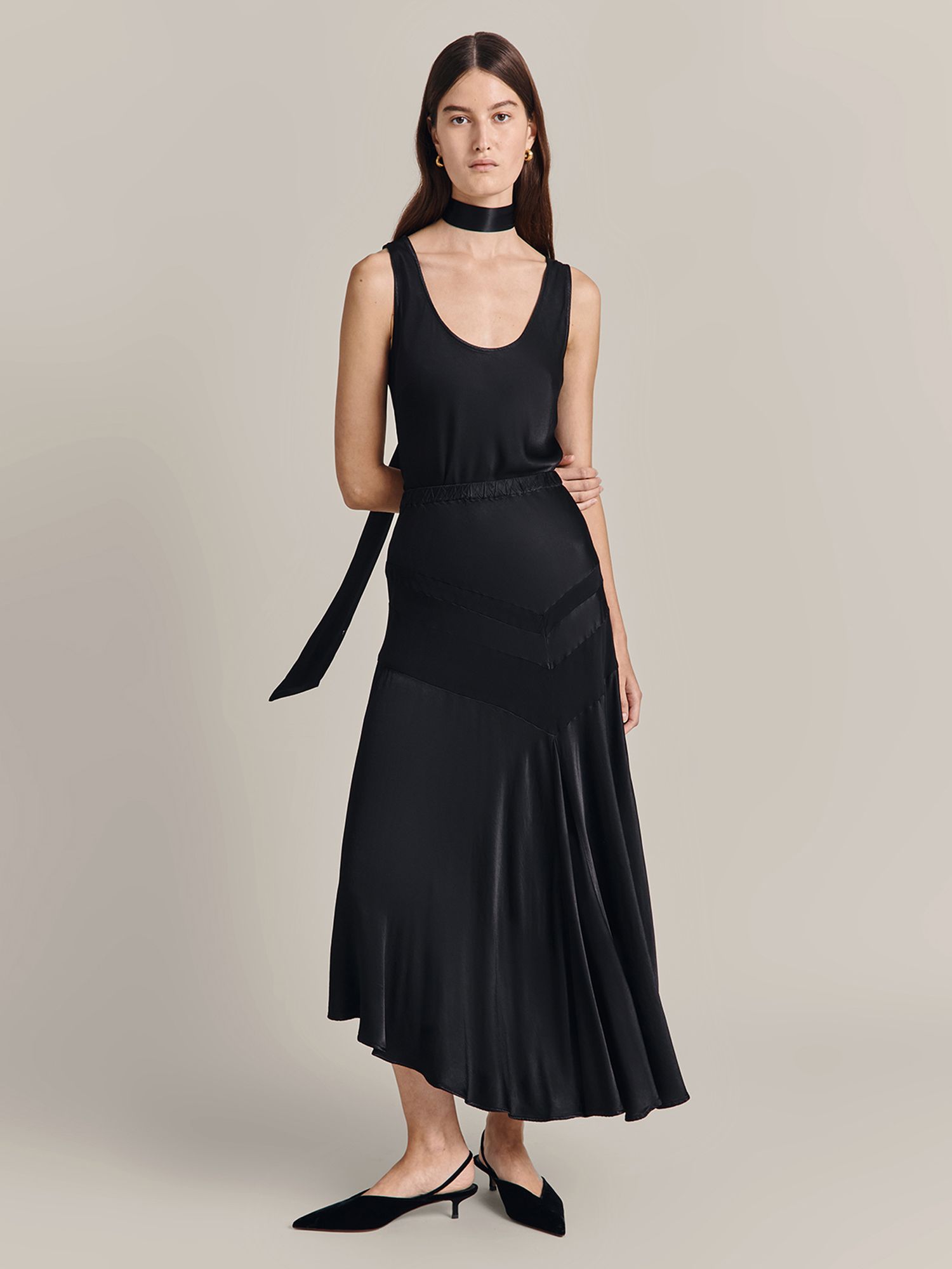 Ghost Skye Asymmetric Hem Satin Skirt, Black at John Lewis & Partners