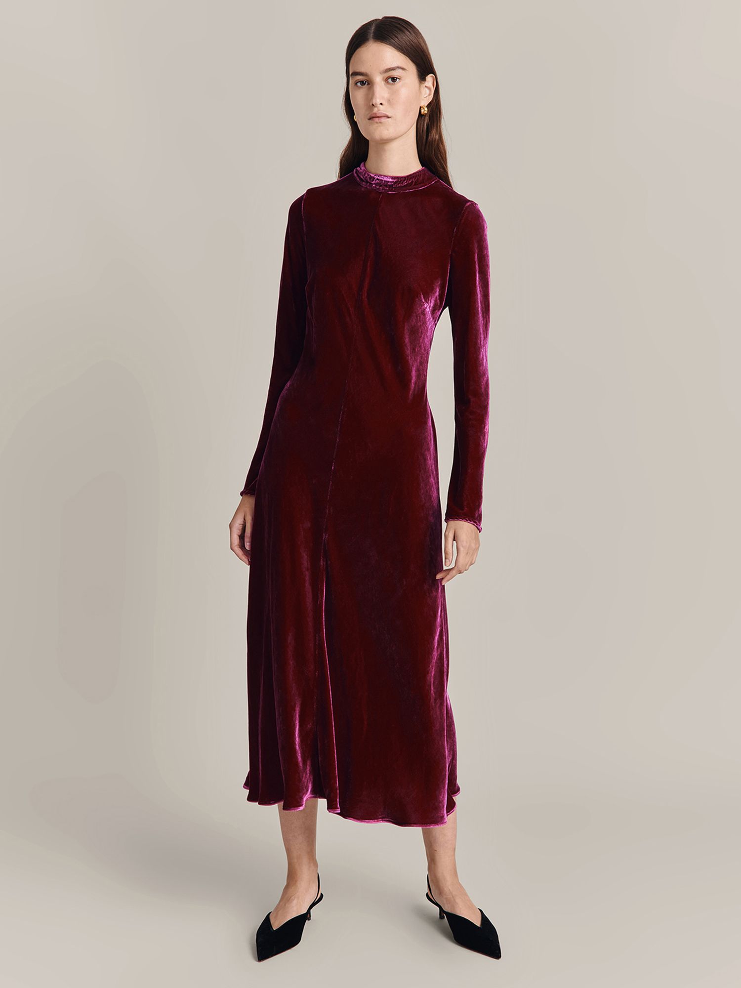 Ghost Selena Velvet Midi Dress, Magenta at John Lewis & Partners