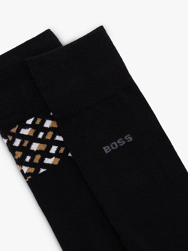 HUGO BOSS BOSS Plain & Geometric Pattern Cotton Blend Socks, Pack of 2, Black/Multi