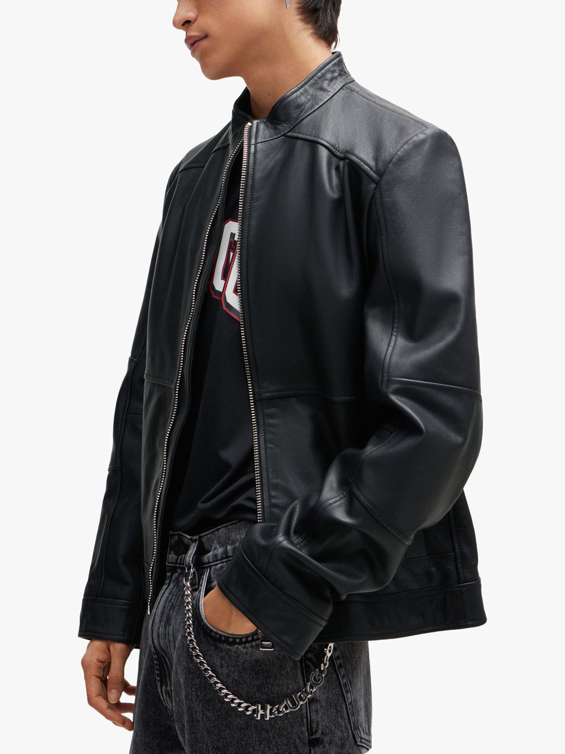HUGO Lokis2 Leather Racer Jacket, Black, XXL