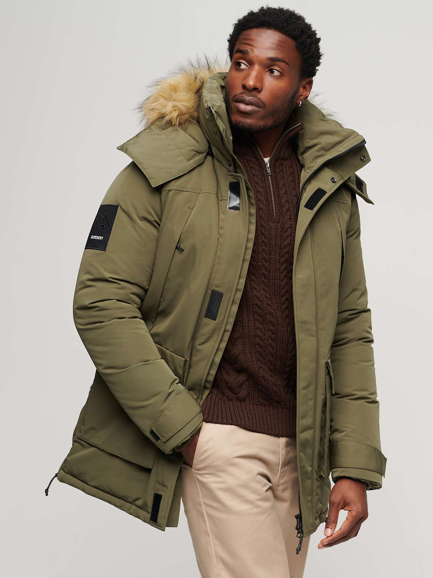 Superdry XPD Everest Faux Fur Hooded Parka, Washed Khaki at John Lewis ...