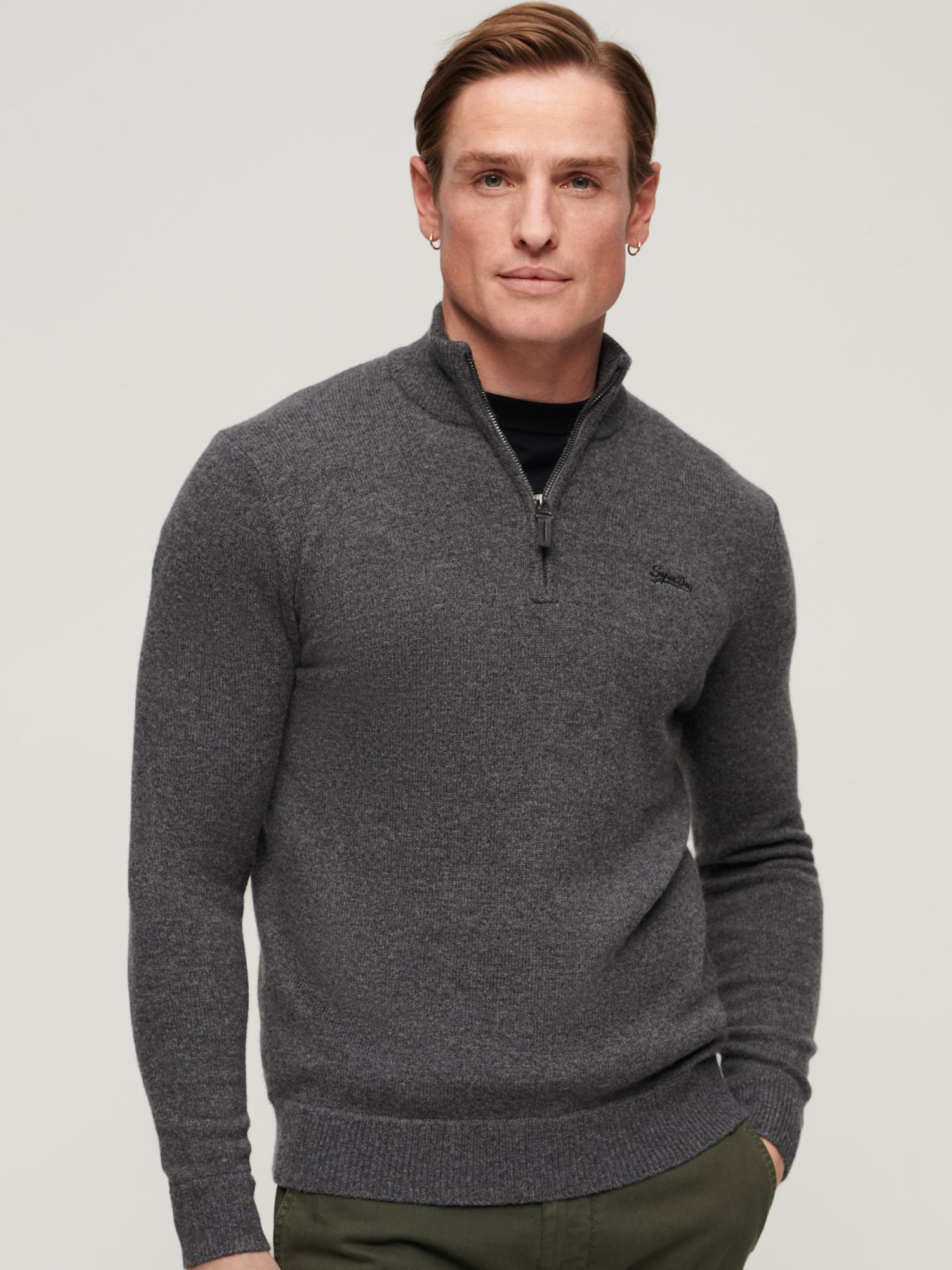 Superdry Essential Embroidered Knit Henley Jumper, Gull Grey Marl, S