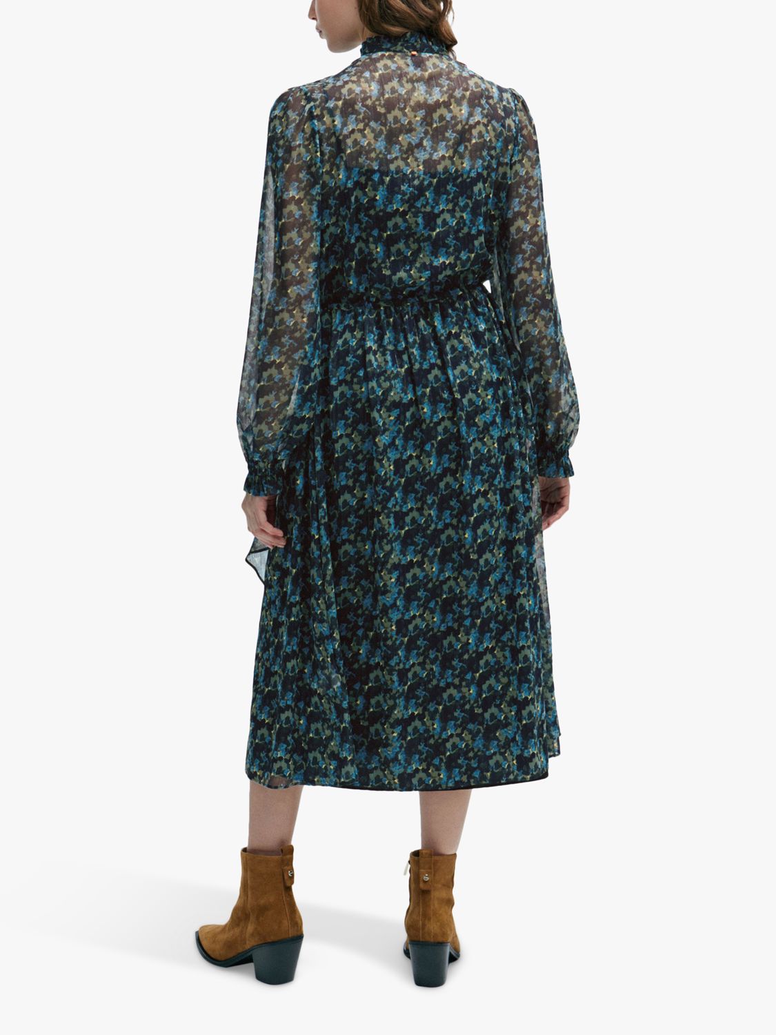 BOSS Dusica Ruffle Collar Midi Dress, Blue/Multi at John Lewis & Partners