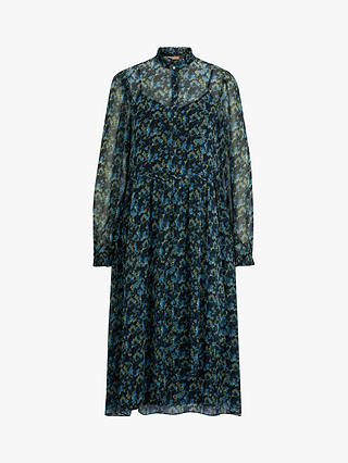 BOSS Dusica Ruffle Collar Midi Dress, Blue/Multi