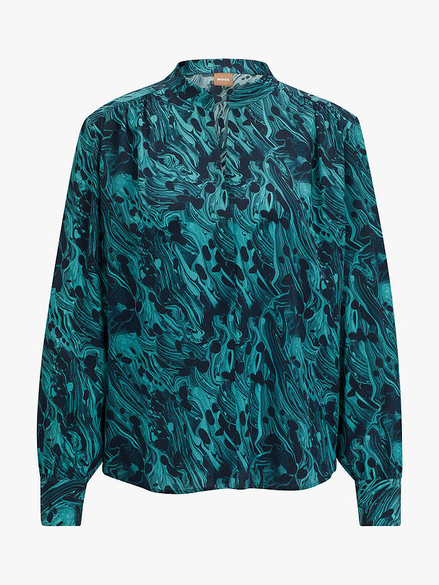 BOSS Banora Abstract Print Silk Shirt, Navy/Teal