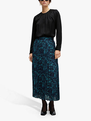HUGO BOSS Veplika Marble Print Pleated Midi Skirt, Navy/Multi