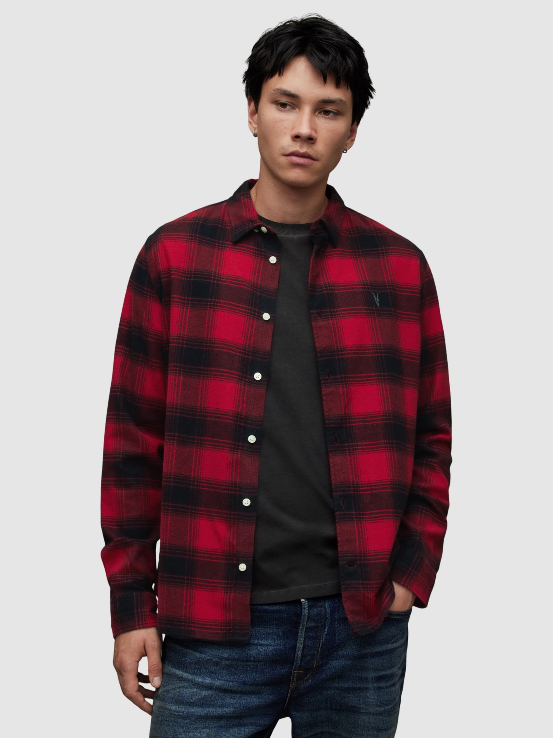 AllSaints Ursa Flannel Check Cotton Shirt, Fire Red, XS