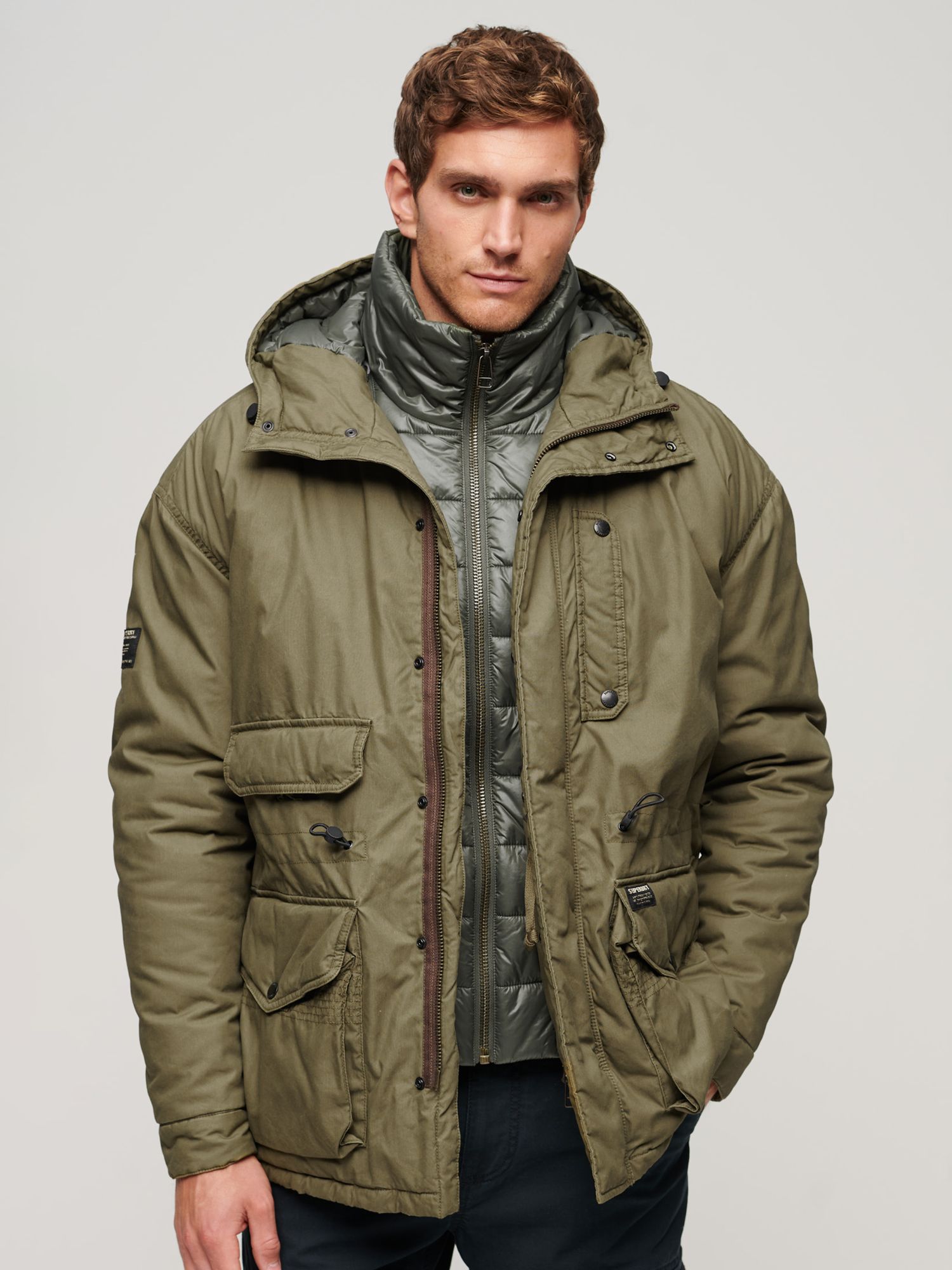 Superdry Hooded Cotton Lined Deck Jacket, Khaki at John Lewis & Partners