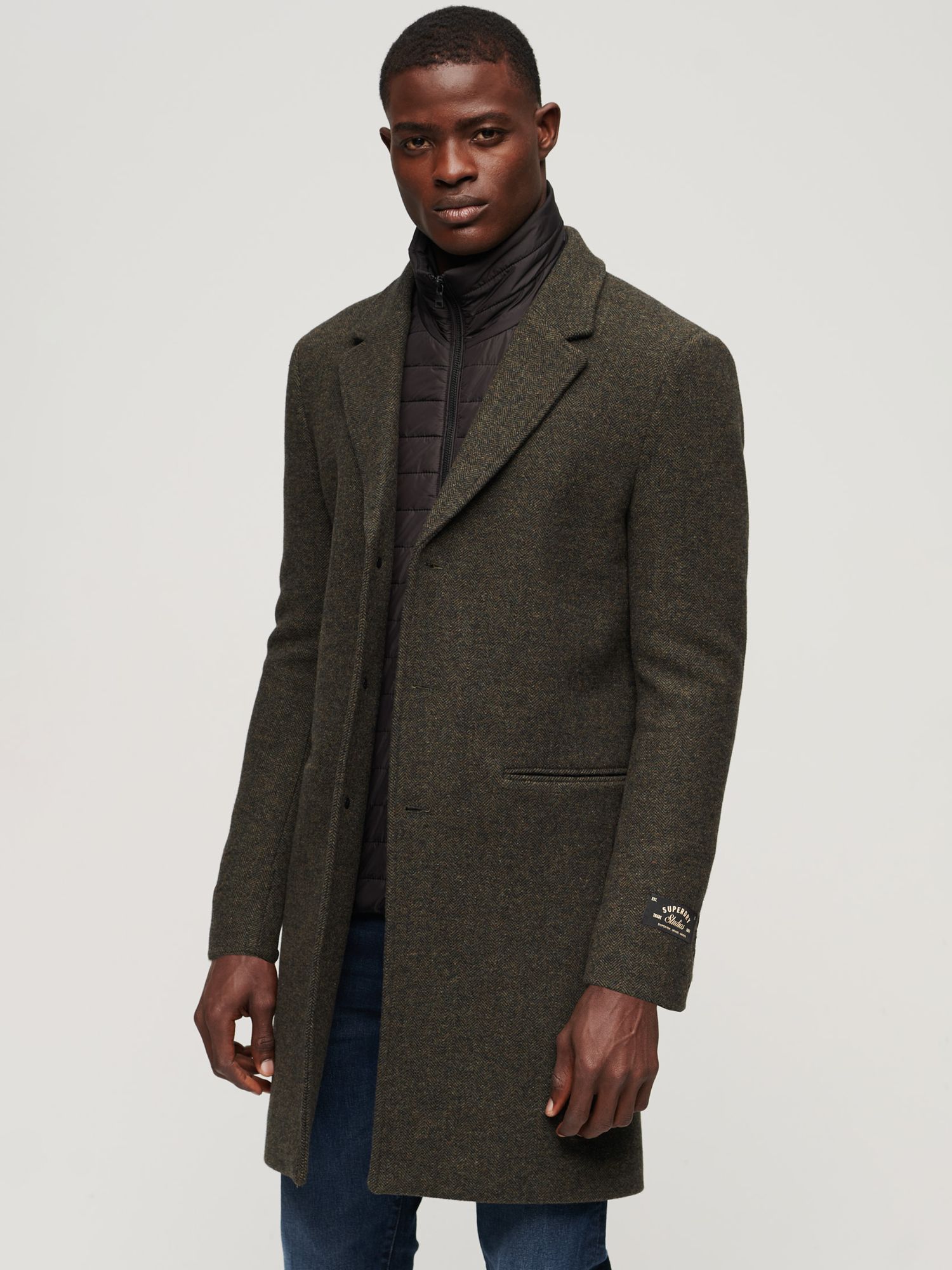 Superdry 2 In 1 Wool Town Coat, Forest Green Tweed, S