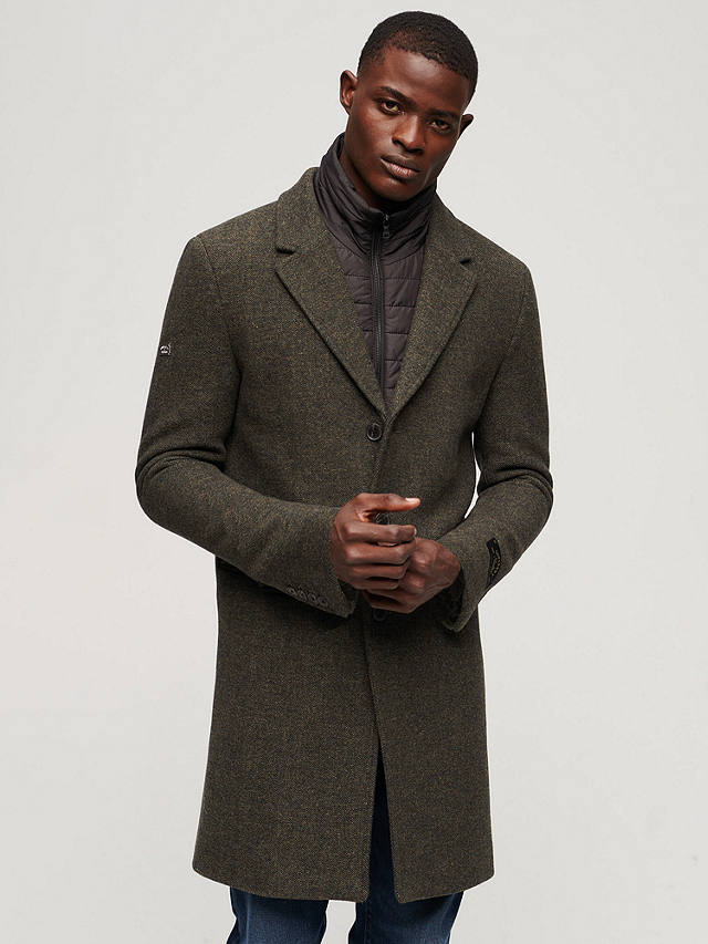 Superdry 2 In 1 Wool Town Coat, Forest Green Tweed