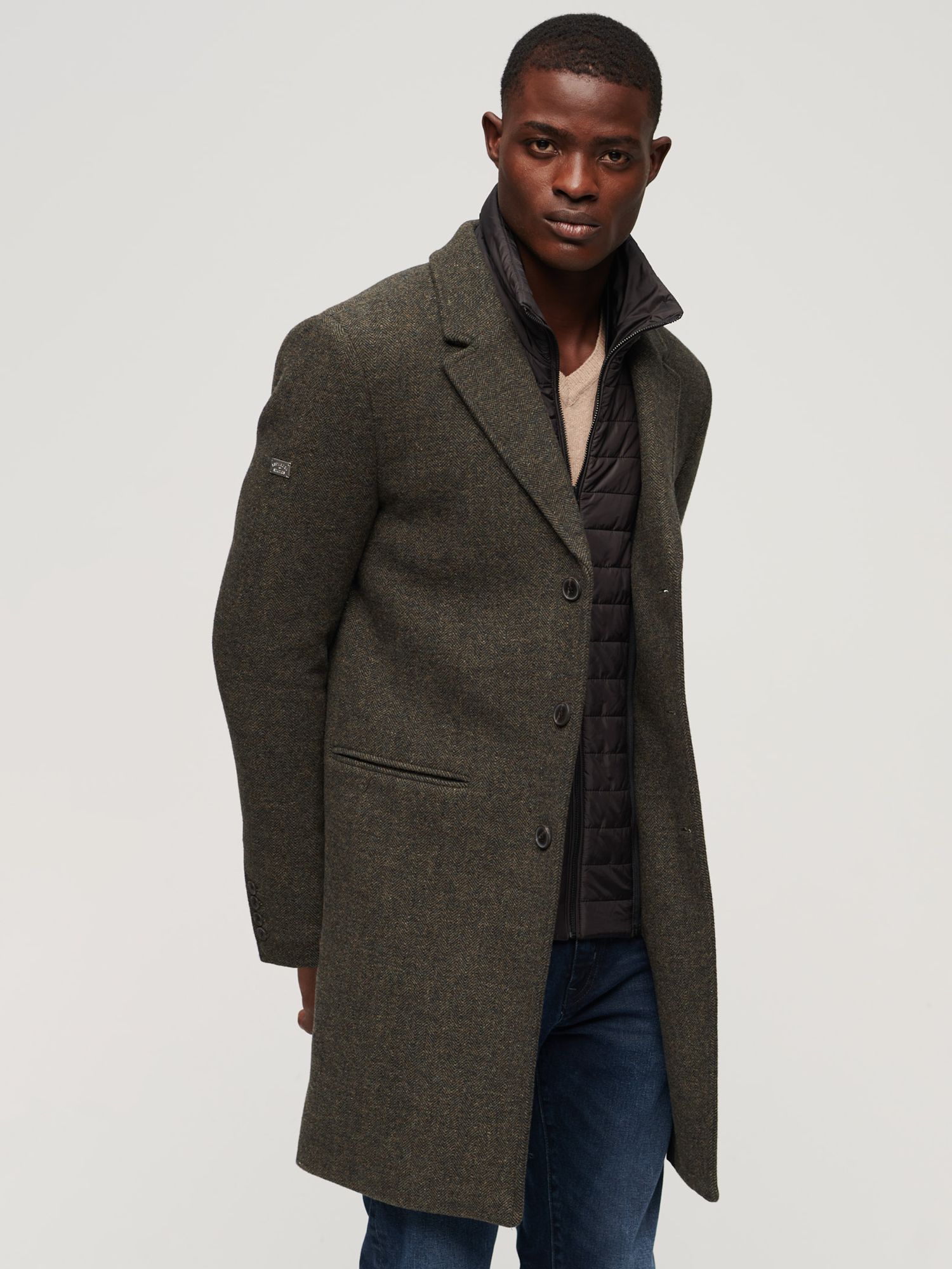 Superdry 2 In 1 Wool Town Coat, Forest Green Tweed, S
