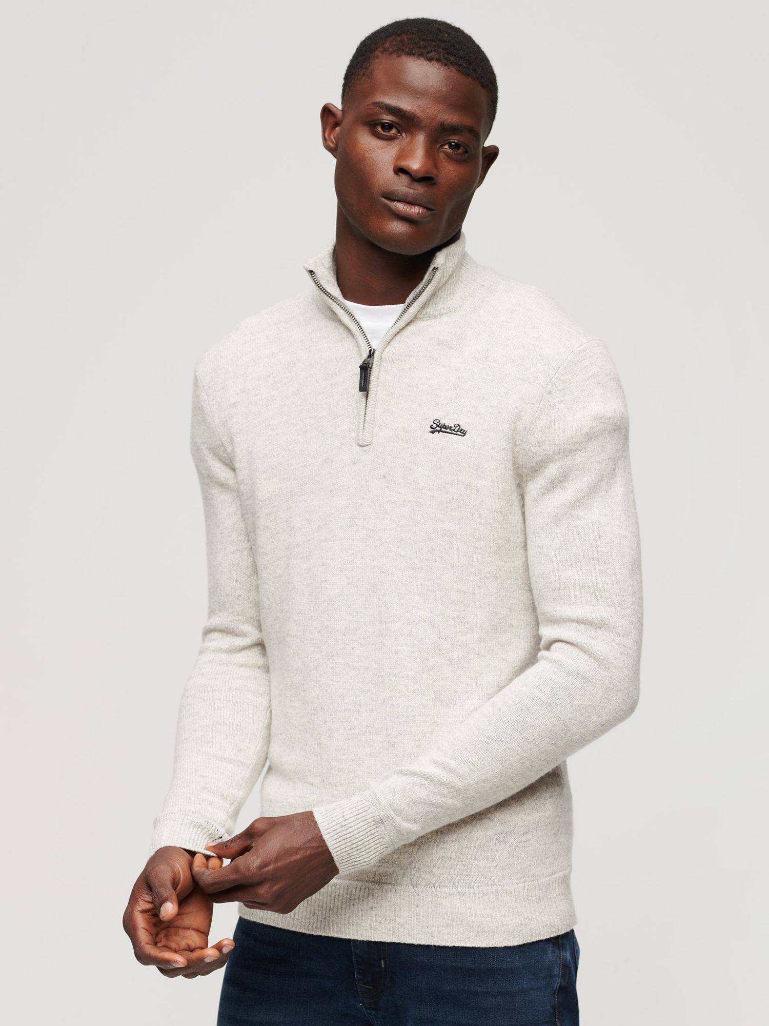 Superdry Essential Embroidered Knit Henley Jumper, Athletic Grey Marl ...