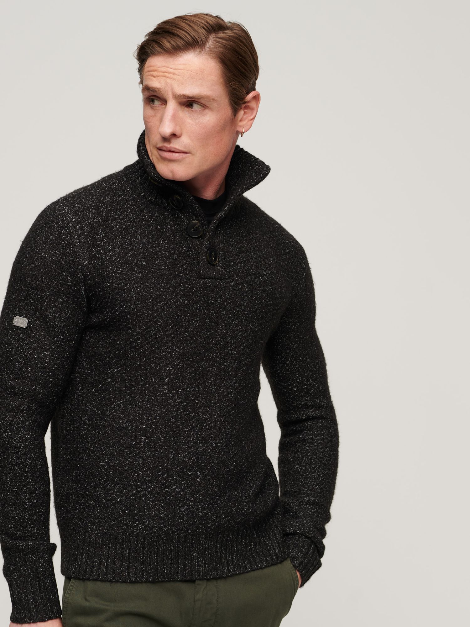 Superdry Chunky Button High Neck Jumper, Black at John Lewis & Partners