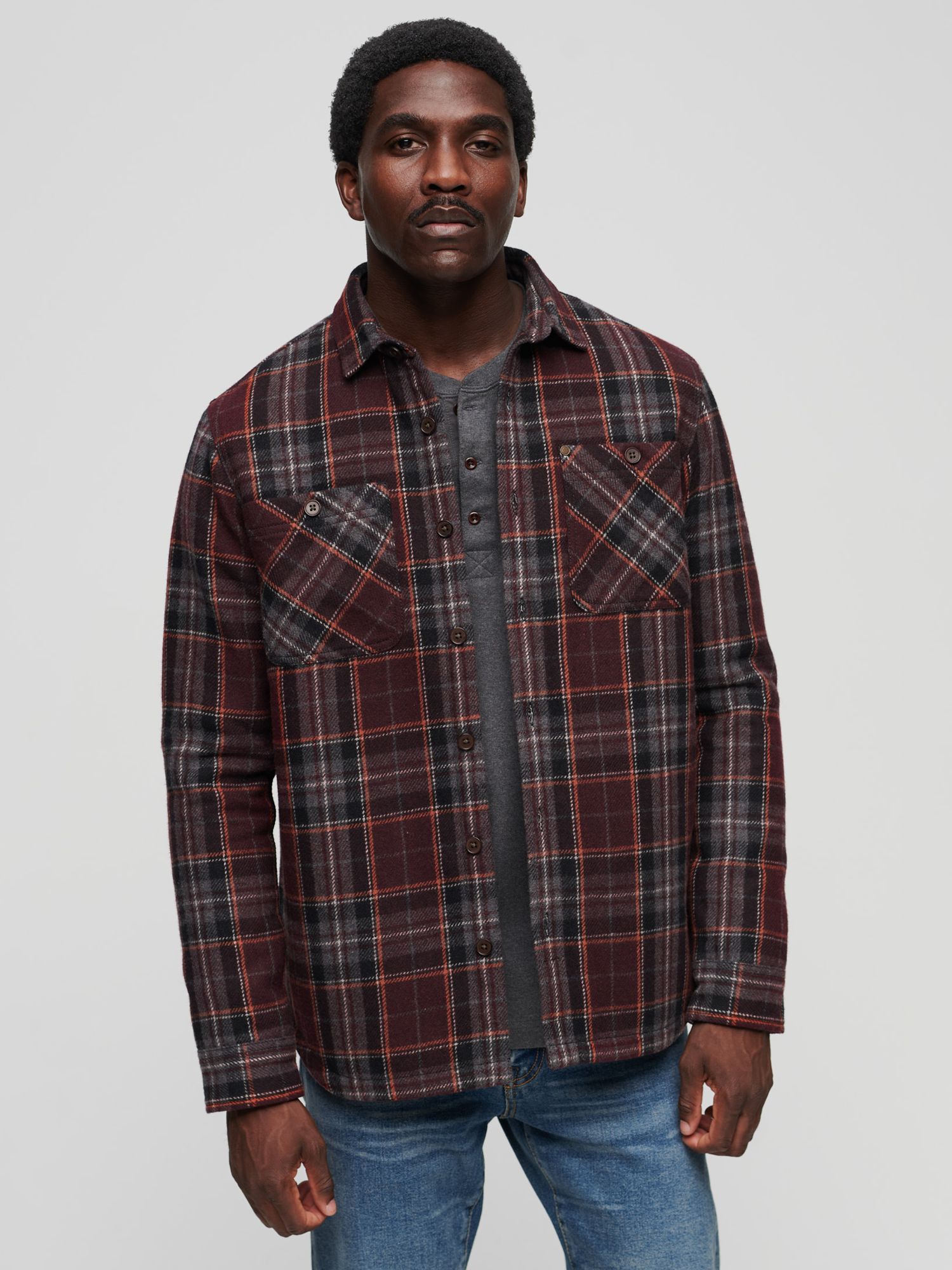 Superdry The Merchant Store Quilted Check Overshirt, Chocolate Brown/Multi, S