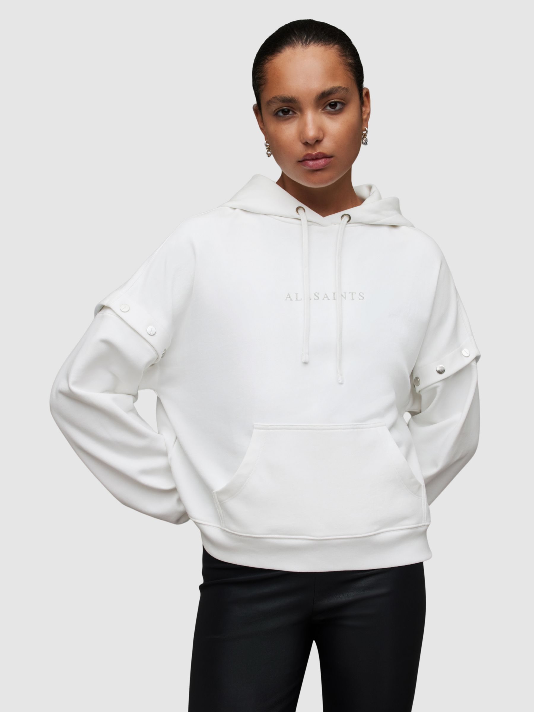 AllSaints Amphie Sparkle Press Stud Sleeve Hoodie, Optic White