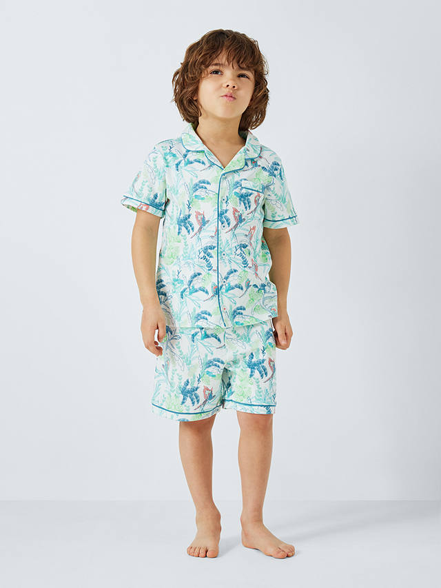 John Lewis Kids' Palm Parrot Shirt Short Pyjama Set, Green/Multi