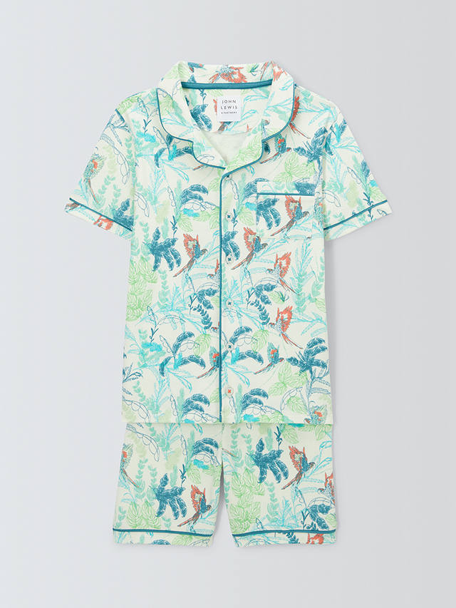 John Lewis Kids' Palm Parrot Shirt Short Pyjama Set, Green/Multi