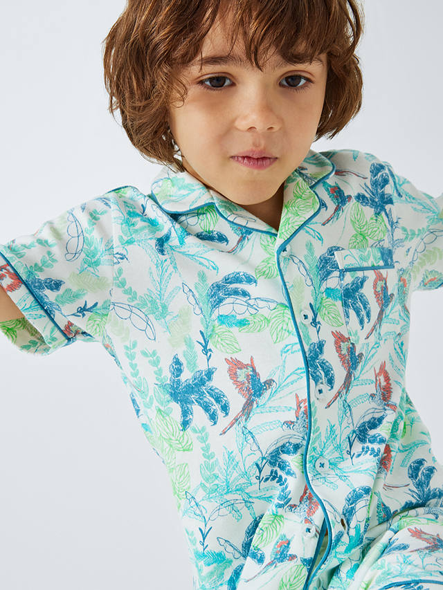 John Lewis Kids' Palm Parrot Shirt Short Pyjama Set, Green/Multi