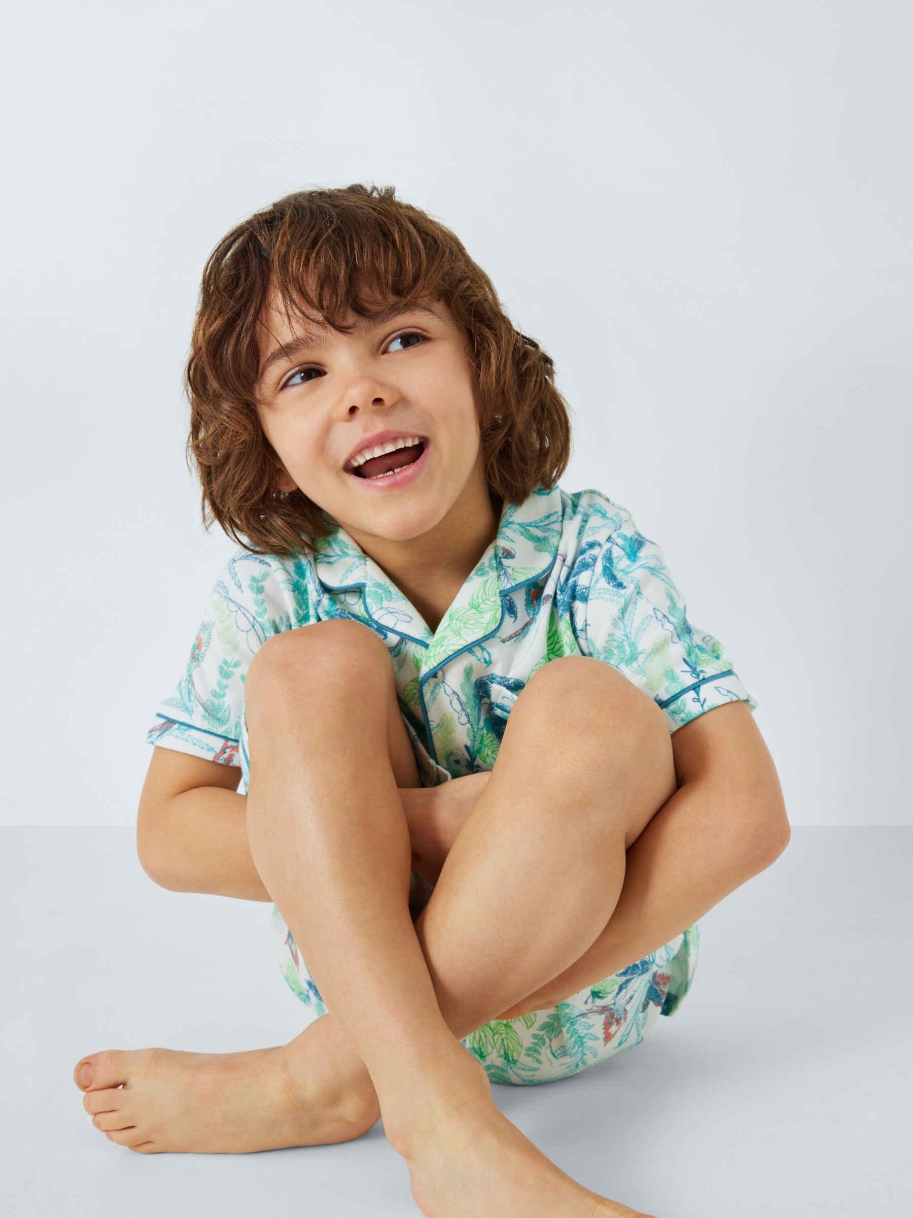John Lewis Kids' Palm Parrot Shirt Short Pyjama Set, Green/Multi, 7 years