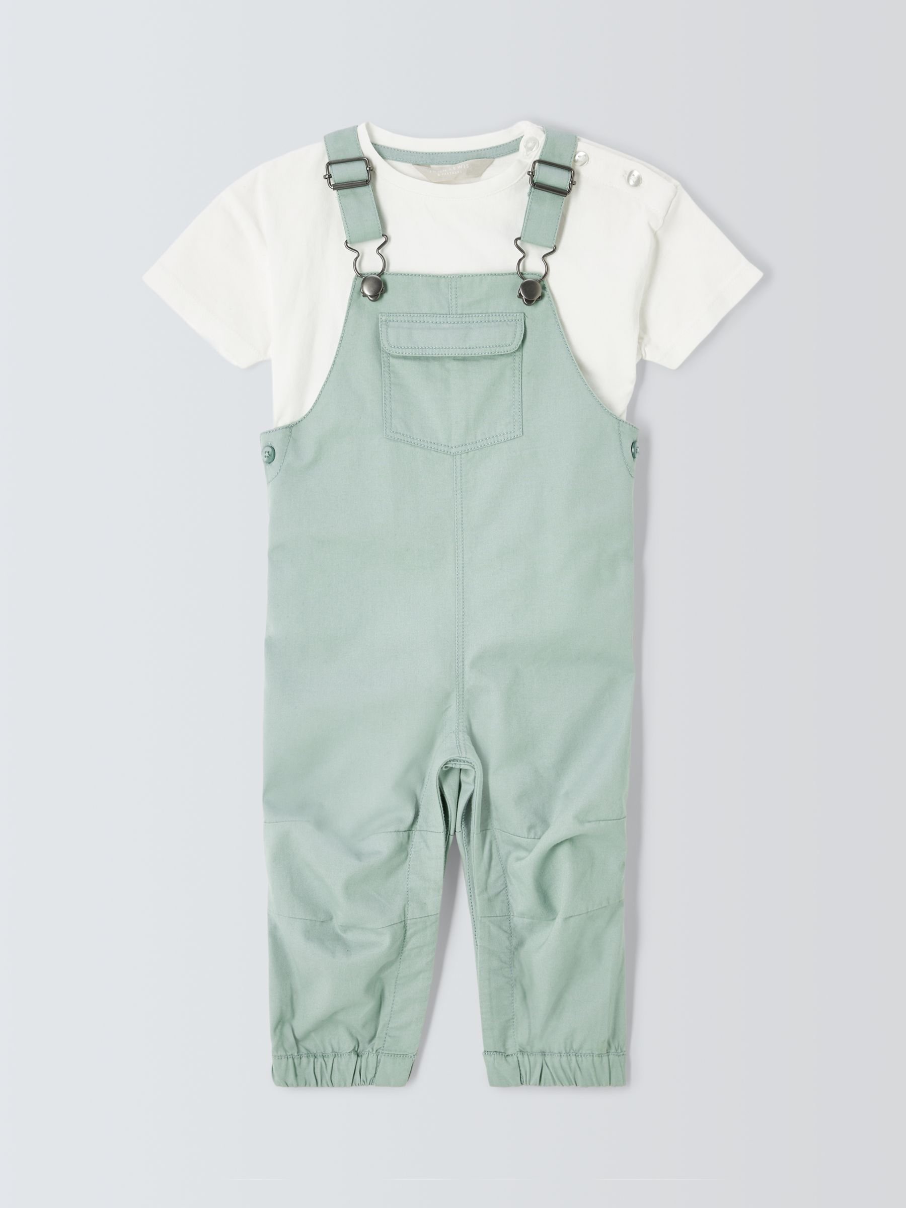 John Lewis Baby Twill Dungarees & T-Shirt Set, Green/Multi, 6-9 months