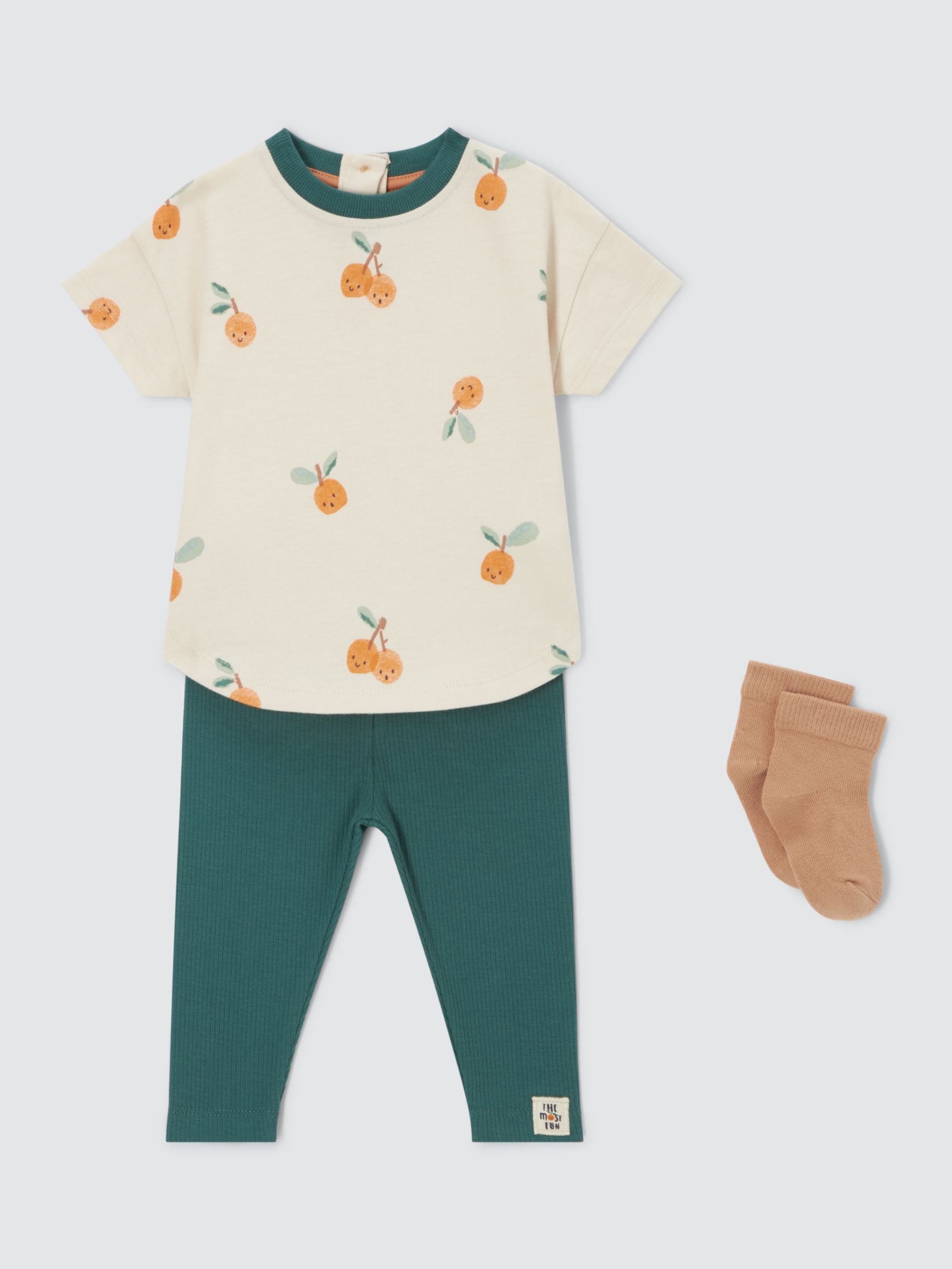 John Lewis Baby Orange Print Top & Ribbed Leggings Set, Neutrals/Multi, 6-9 months