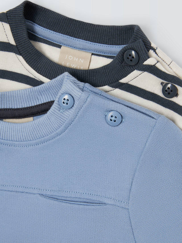 John Lewis Baby Plain & Stripe Sweatshirt, Pack of 2, Blue/Multi