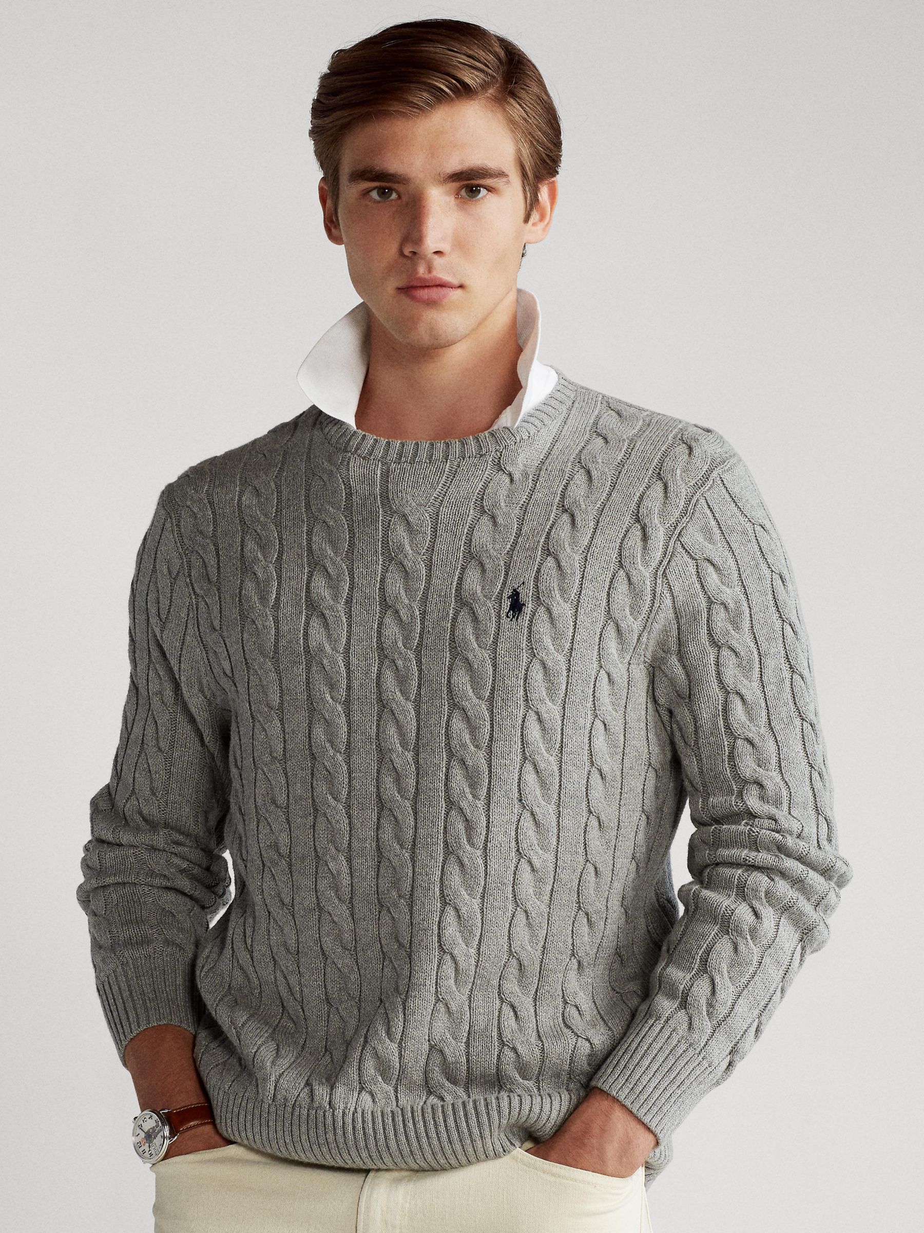 Polo Ralph Lauren  Big & Tall Cable Knit Cotton Jumper, Fawn Grey Heather, 1XB