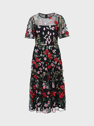 Hobbs Dana Embroidered Midi Dress, Black/Multi