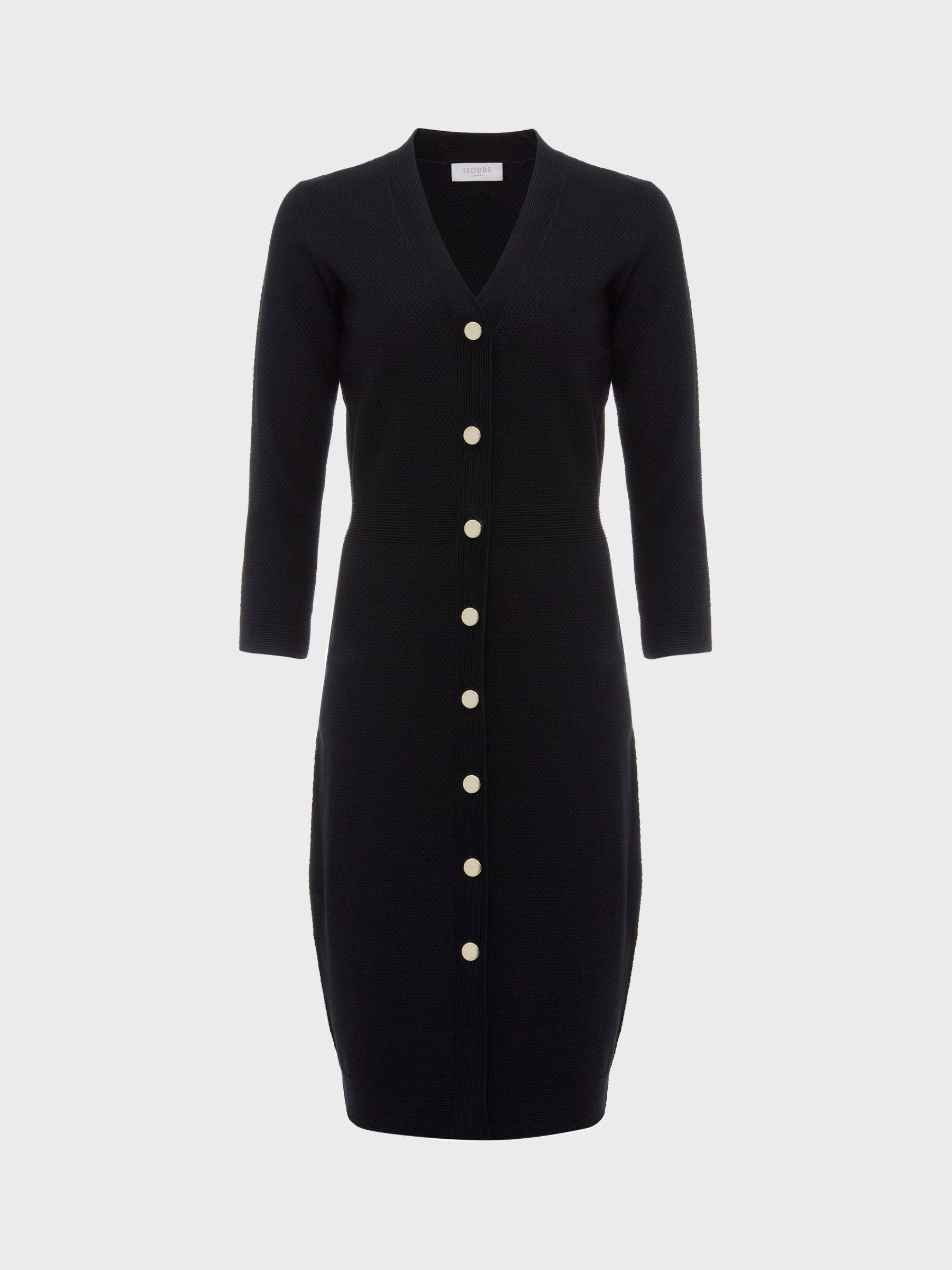 Hobbs Marlee Rib Knit Button Front Dress, Black at John Lewis & Partners