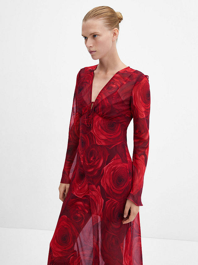 Mango Graphic Rose Sheer Midi Dress, Red