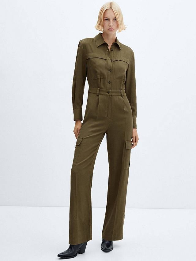 Mango Berlina Cotton Blend Jumpsuit, Beige/Khaki