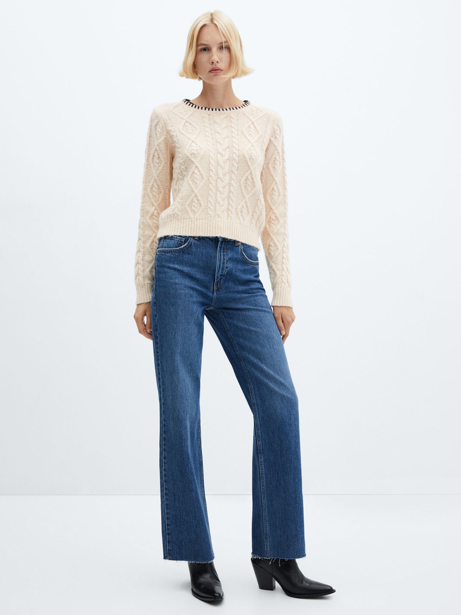 Mango Frizzly Wool Blend Cable Knit Jumper, Light Beige