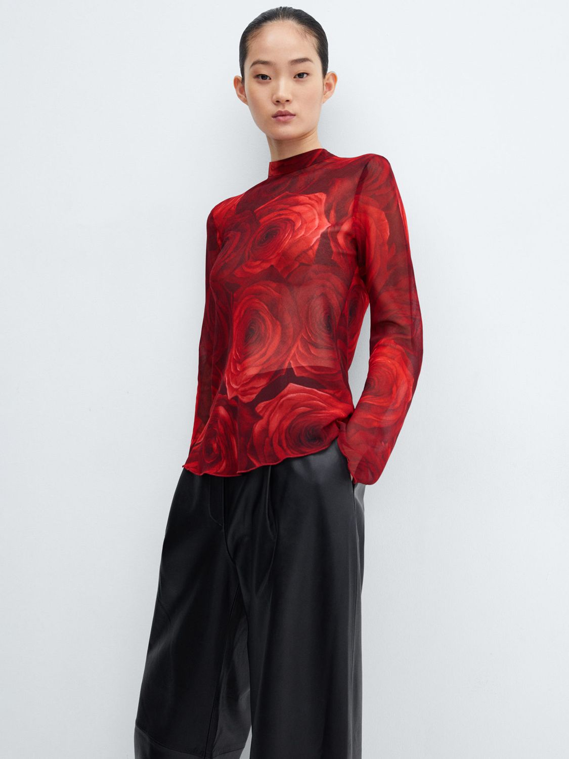 Mango Graphic Rose Tie Back Top, Red at John Lewis & Partners