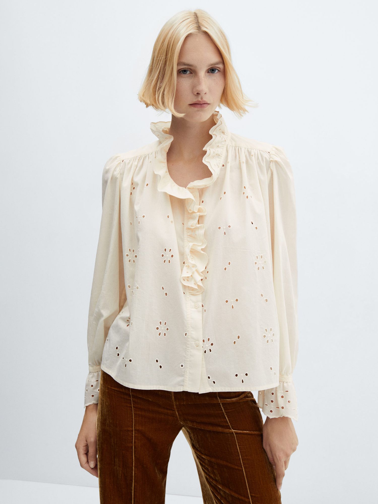 Mango Clara Frill Neck Blouse, Natural White, 6