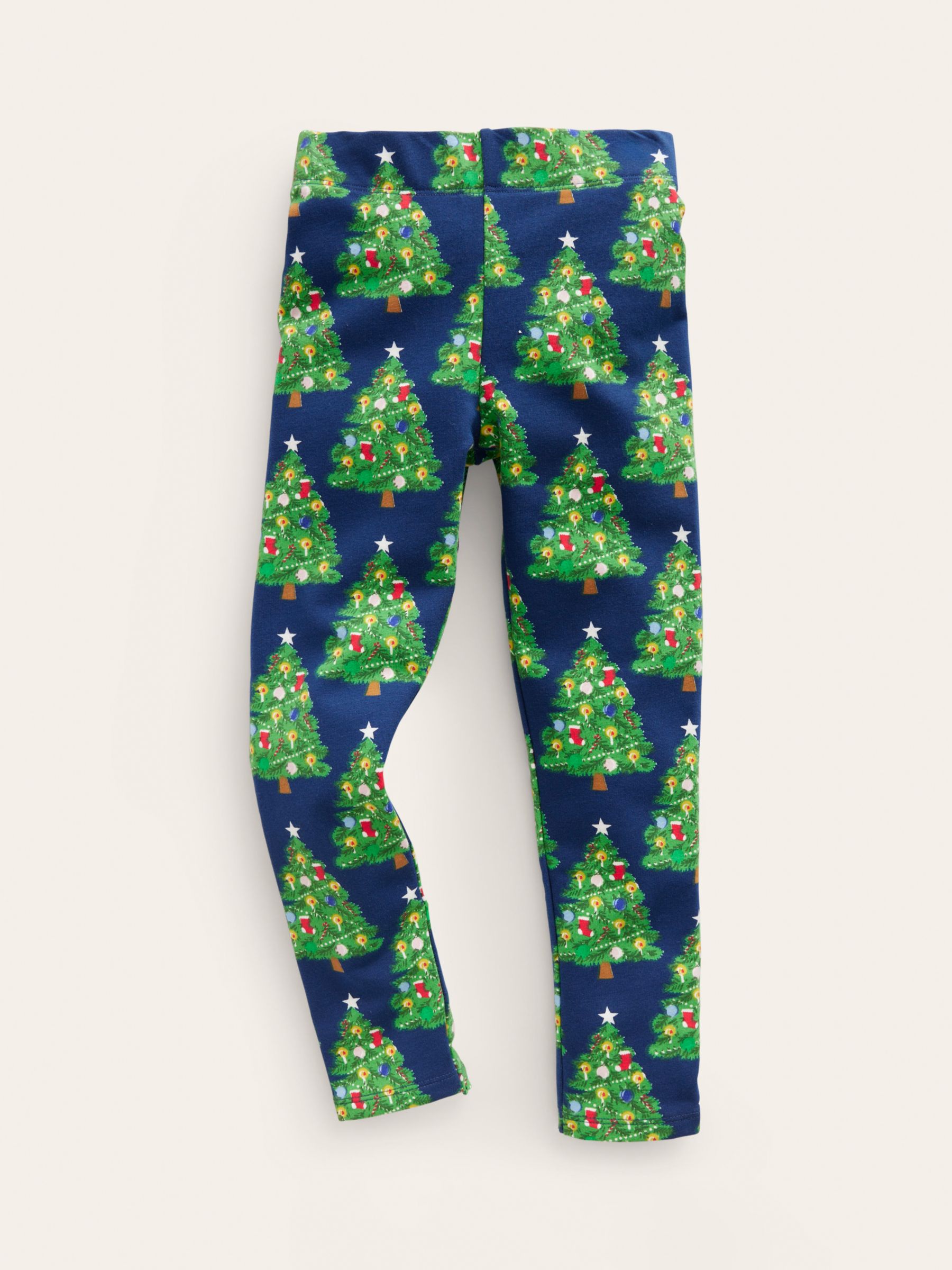 Mini Boden Kids' Fun Christmas Trees Cosy Leggings, College Navy, 12-18  months