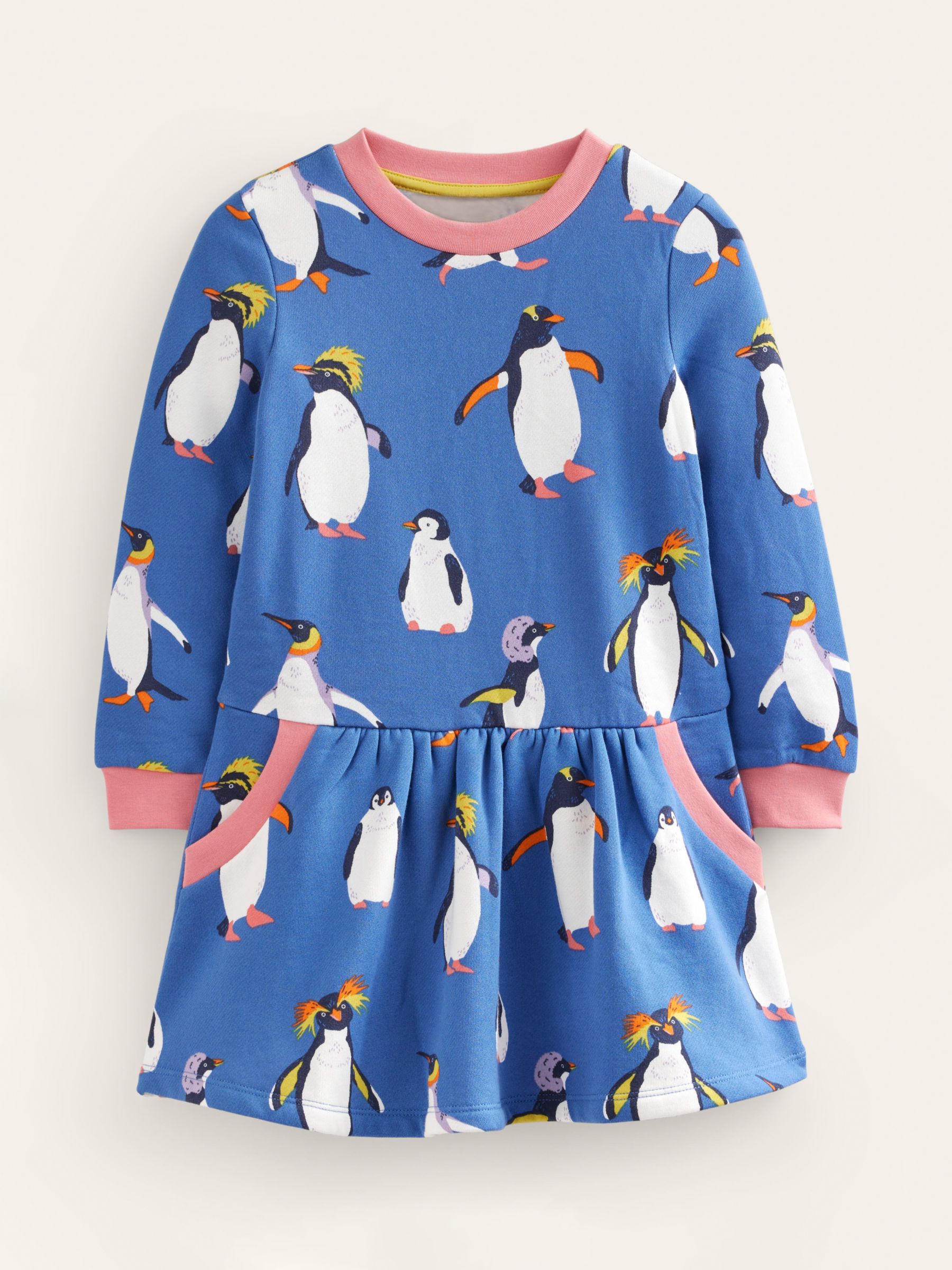 Mini Boden Kids' Cosy Penguin Printed Sweatshirt Dress, Delft Blue, 12-18  months