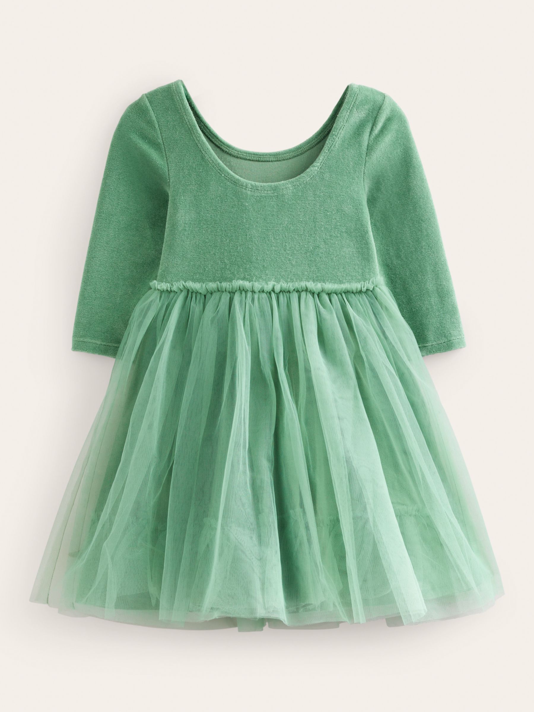 Mini Boden Kids' Festive Robins Applique Velvet Tulle Dress, Csarite Green,  12-18 months