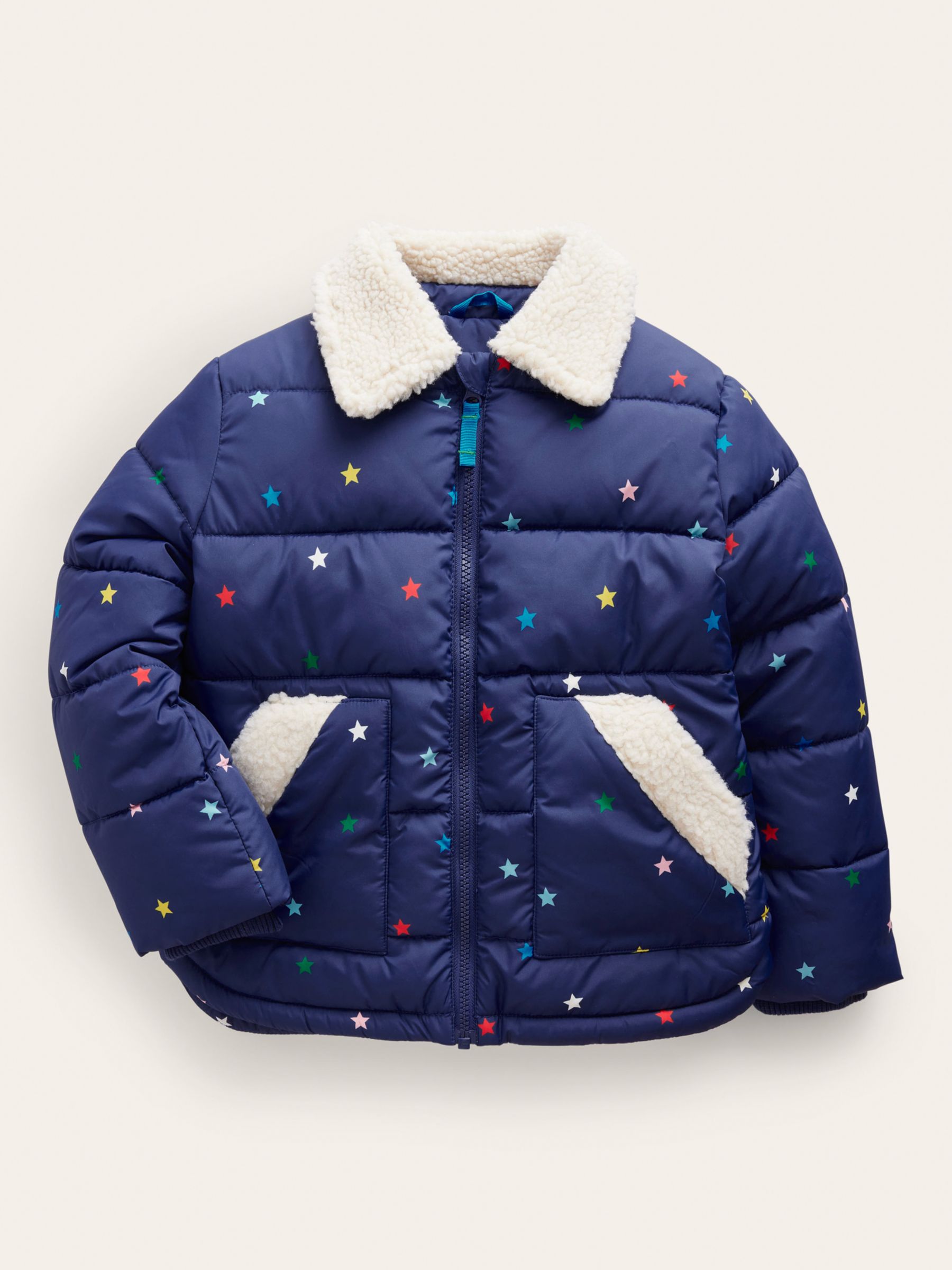 Mini Boden Kids' Star Print Longline Padded Coat, Navy Foil