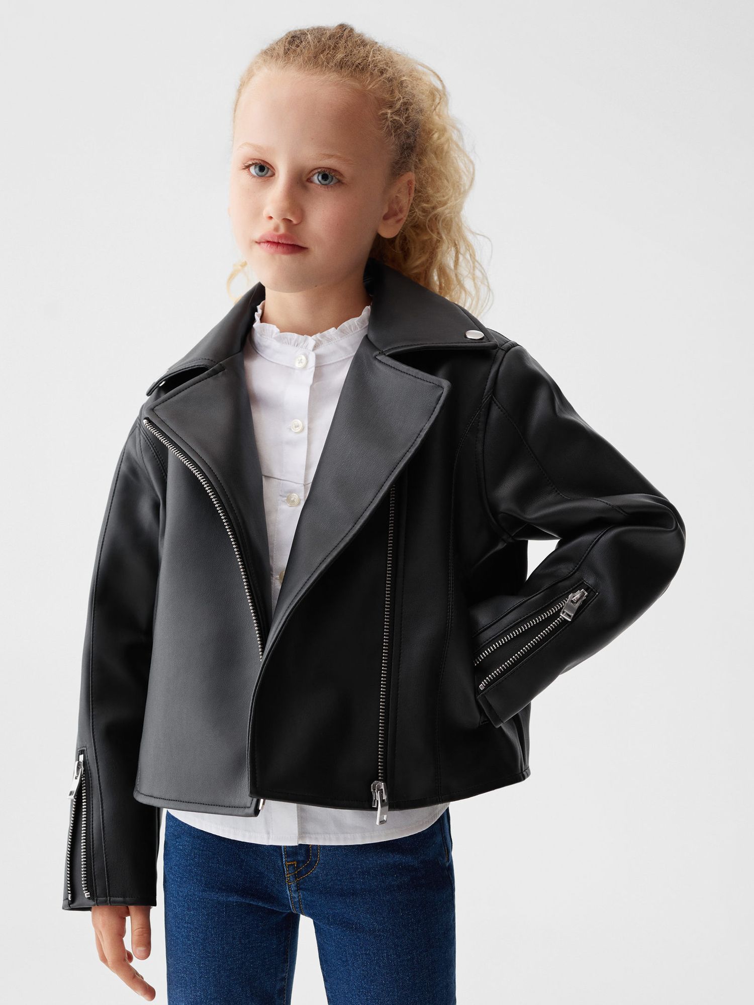 Mango Kids' Galia Faux Leather Jacket, Black at John Lewis & Partners