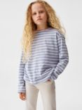 Mango Kids' Stripe Cotton Long Sleeve T-Shirt, Medium Blue